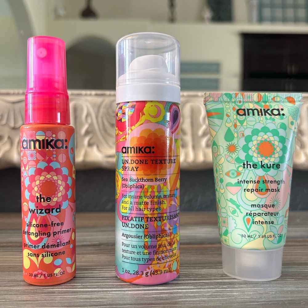 Amika 3 BUNDLE The Kure Repair Mask, UnDone Texture & Wizard Detangling Spray